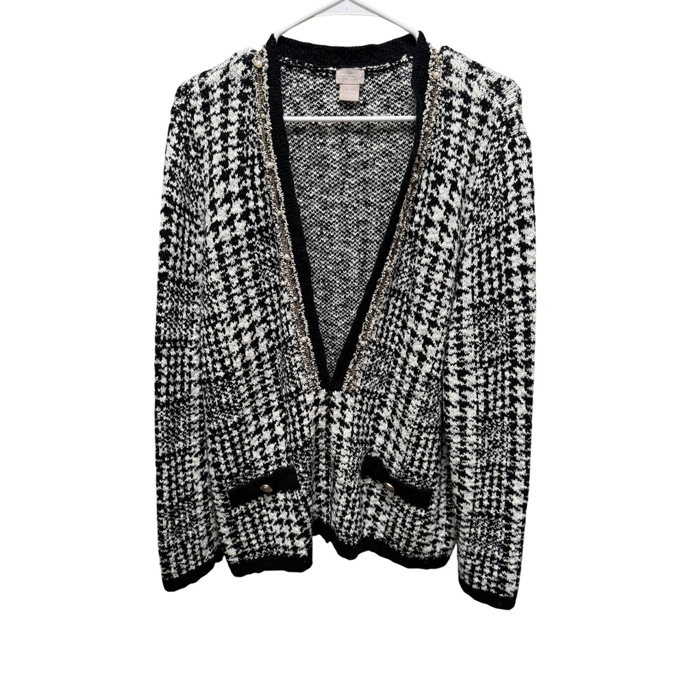 Chico's Cardigan Women 3 XL Black White Houndstooth Embellished Open Front Knit